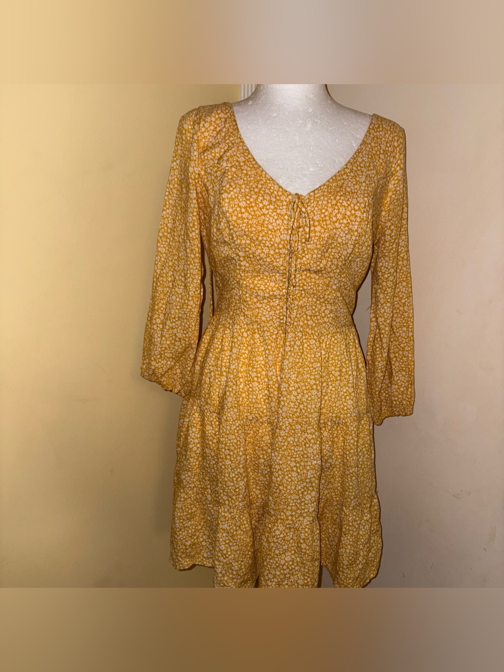 Hollister Mustard Yellow Floral Long Sleeve Tie-Front Dress
